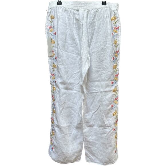 CALYPSO St. Barth Linen Wide Leg Pants White Floral Embroidered Boho Size L - Picture 3 of 8